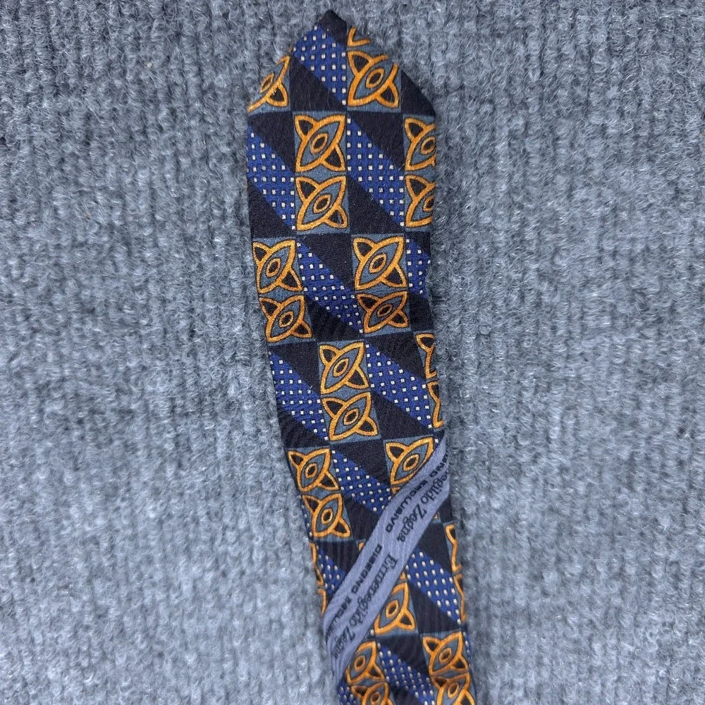VINTAGE Ermenegildo Zegna Tie Blue Printed Silk Geometric‎ Designer Necktie